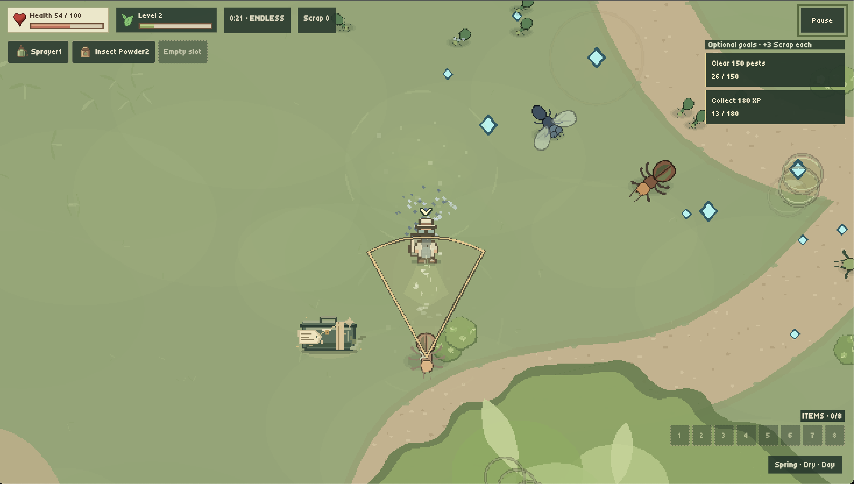 Garden Survivors gameplay showing the gardener spraying insects on a lawn, with the Endless mode HUD.